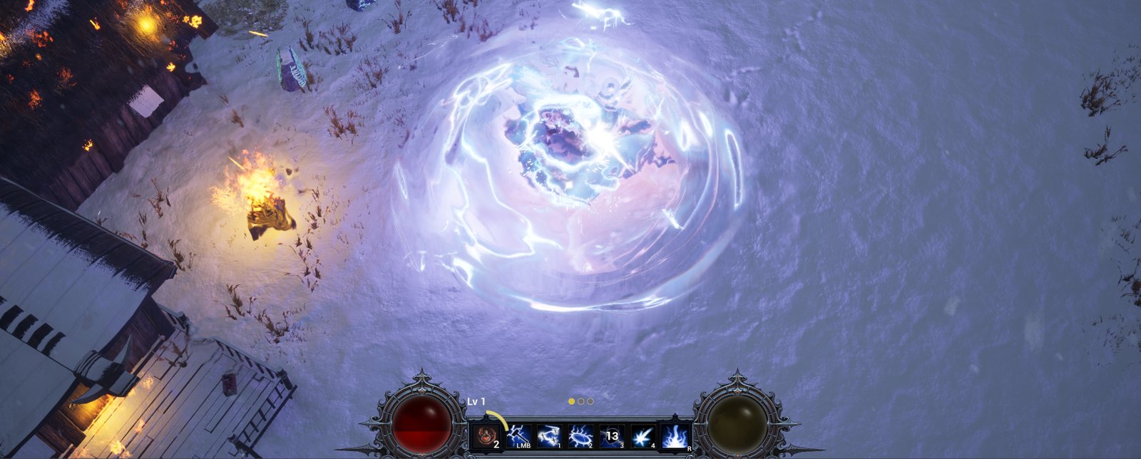 Thor unleashes a storm vortex of lightning on a snowfield beside a burning Norse village at night