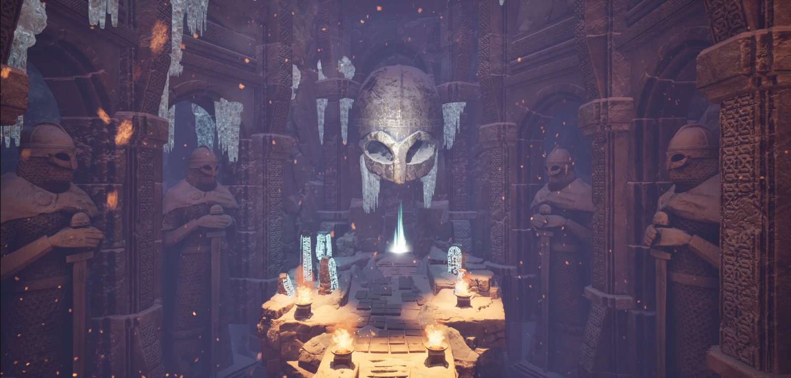 A frozen Norse tomb hall lined with helmed stone guardians, rune stones and braziers beneath a giant carved helm