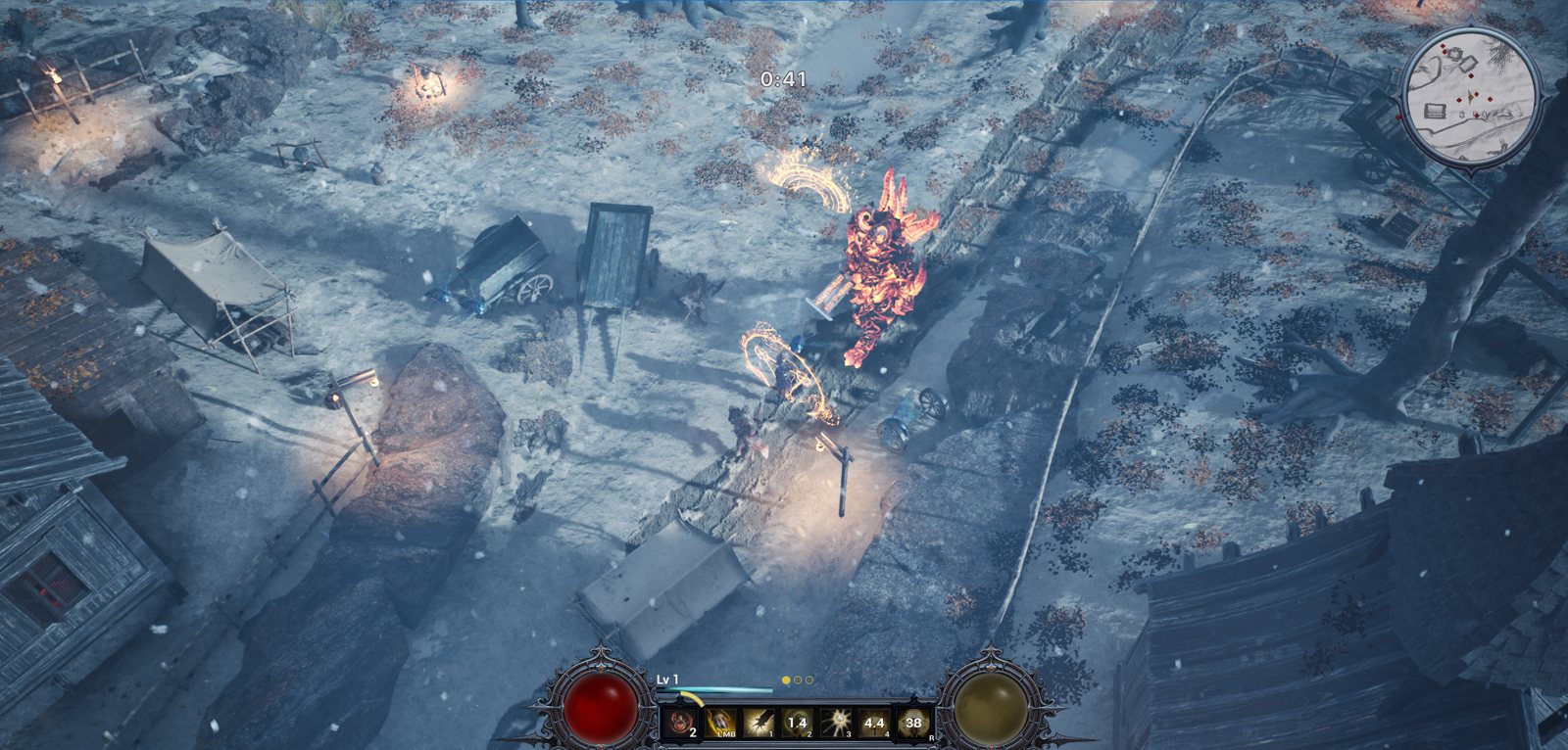 Isometric view of a snowy village camp as a burning elite enemy advances on the player during a survival wave
