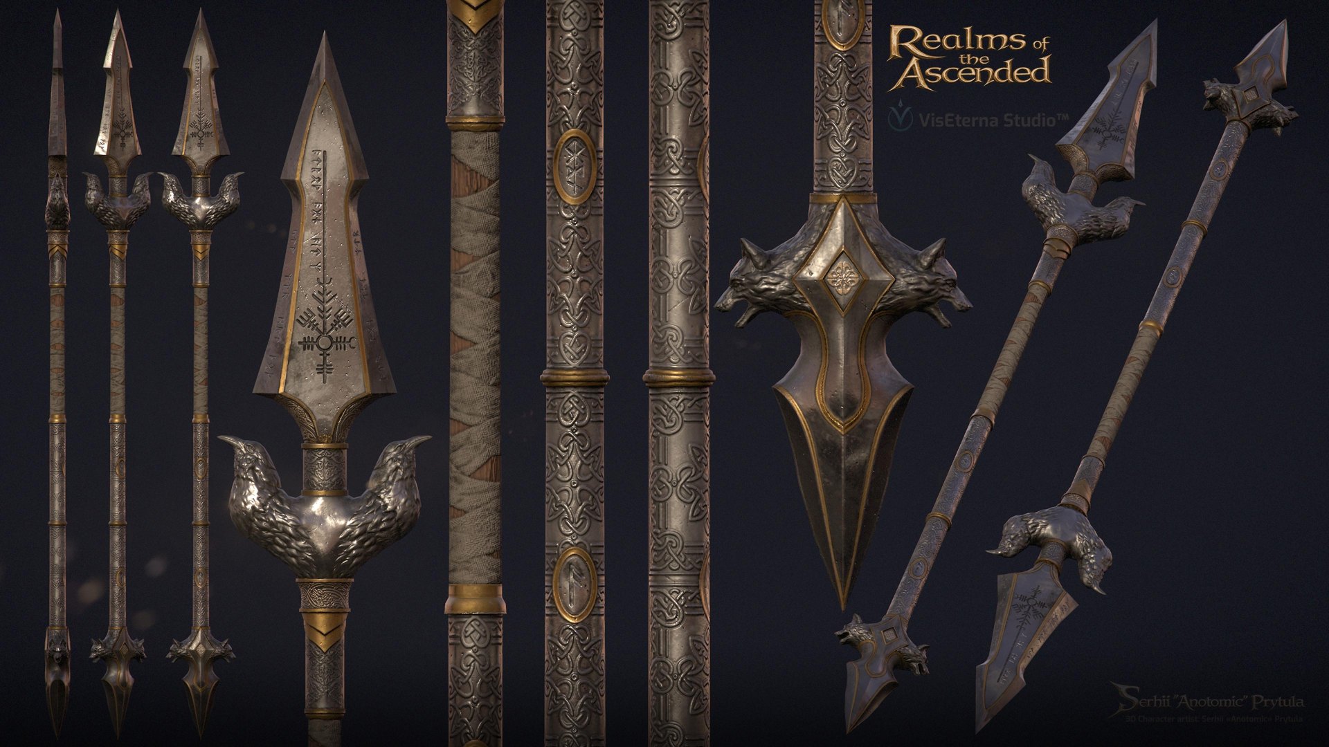 Gungnir weapon sheet: rune-carved spear shaft, blade detail, and full spear renders