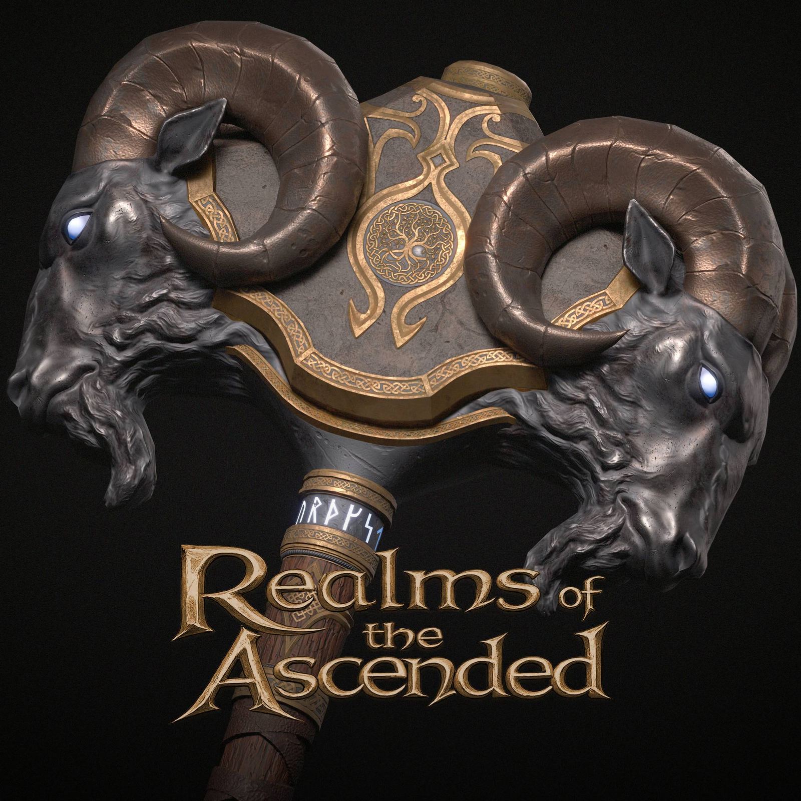 Serhii Prytula's custom Mjolnir for Realms of the Ascended: a stone hammer head flanked by two dark, bearded goat heads with curling bronze horns and glowing blue eyes, gold knotwork around a world-tree medallion, and glowing runes on the haft