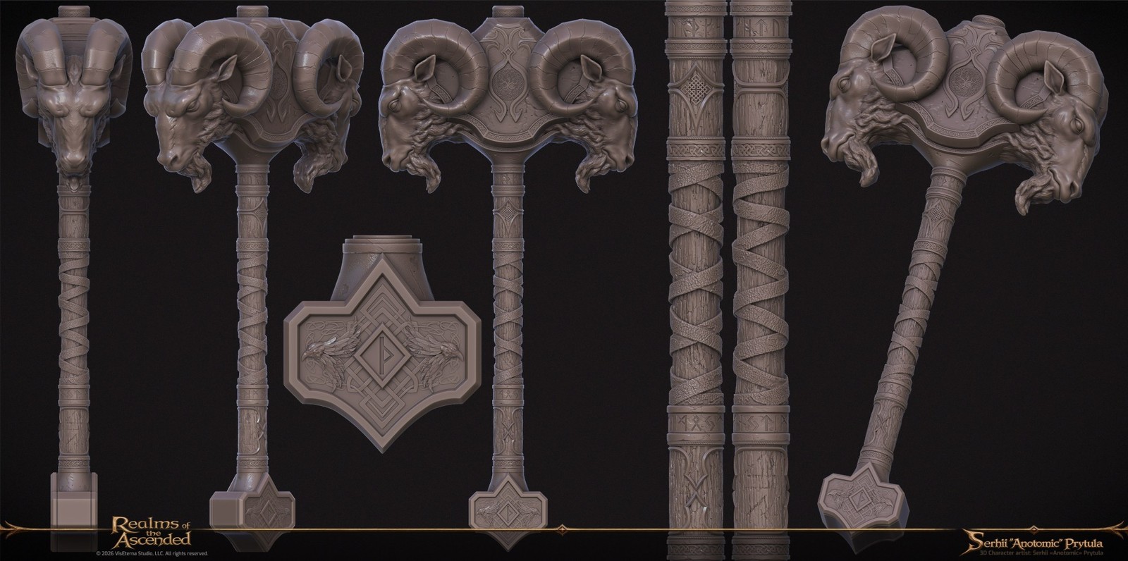 Mjolnir sculpt sheet: the untextured model from front, side, and three-quarter angles, with the carved pommel plate and wrapped haft
