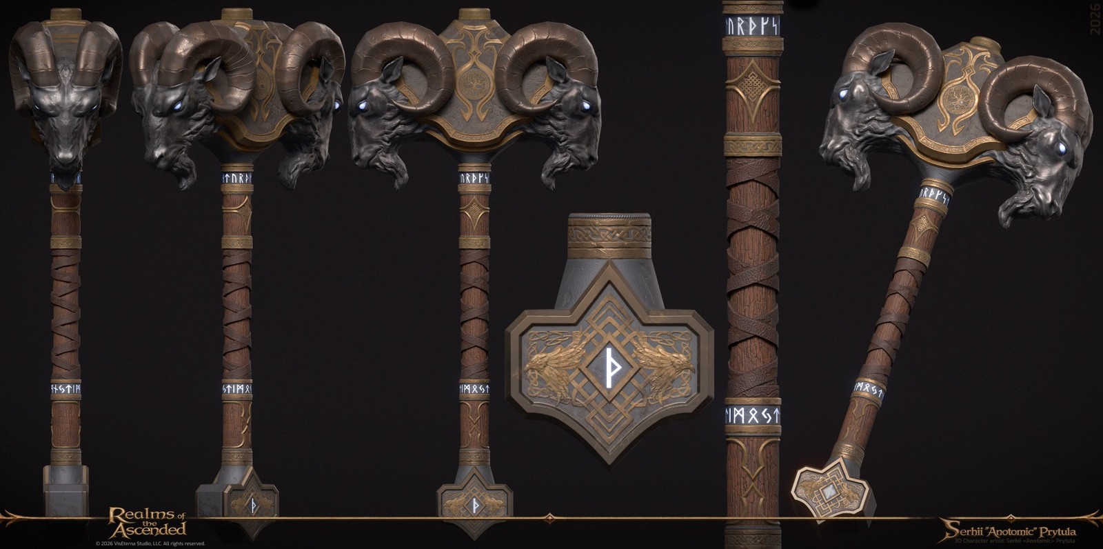 Mjolnir textured model sheet: front, side, and three-quarter views, the pommel plate with a glowing rune in gold knotwork, and close-ups of the leather-wrapped haft