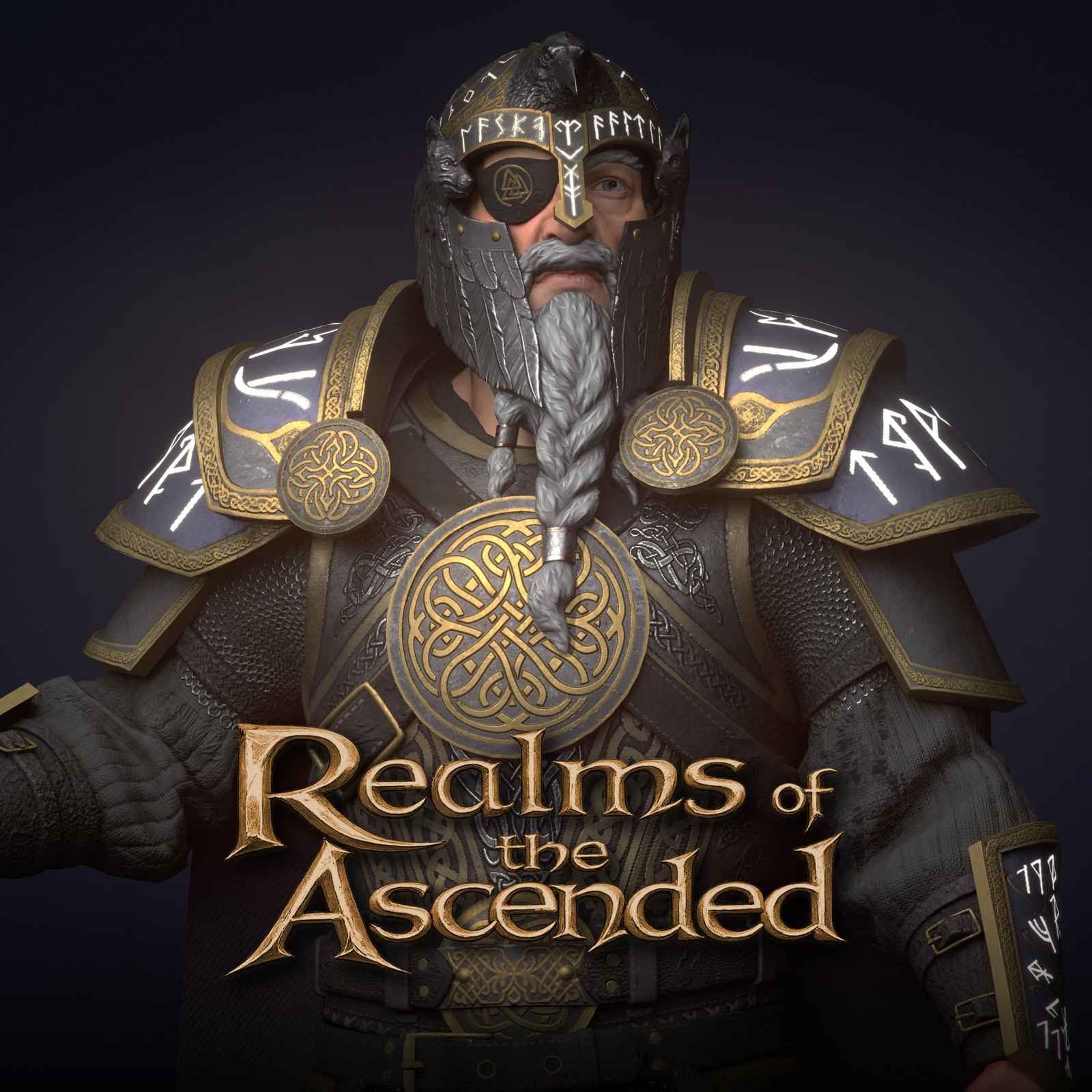 Odin character model portrait for Realms of the Ascended: one-eyed Allfather in runic gold-trimmed armor with a braided grey beard and a knotwork medallion