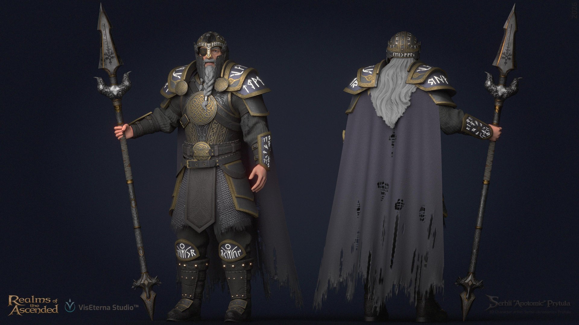 Odin playable model turnaround, front and back, holding Gungnir, with runic armor and a tattered grey cloak